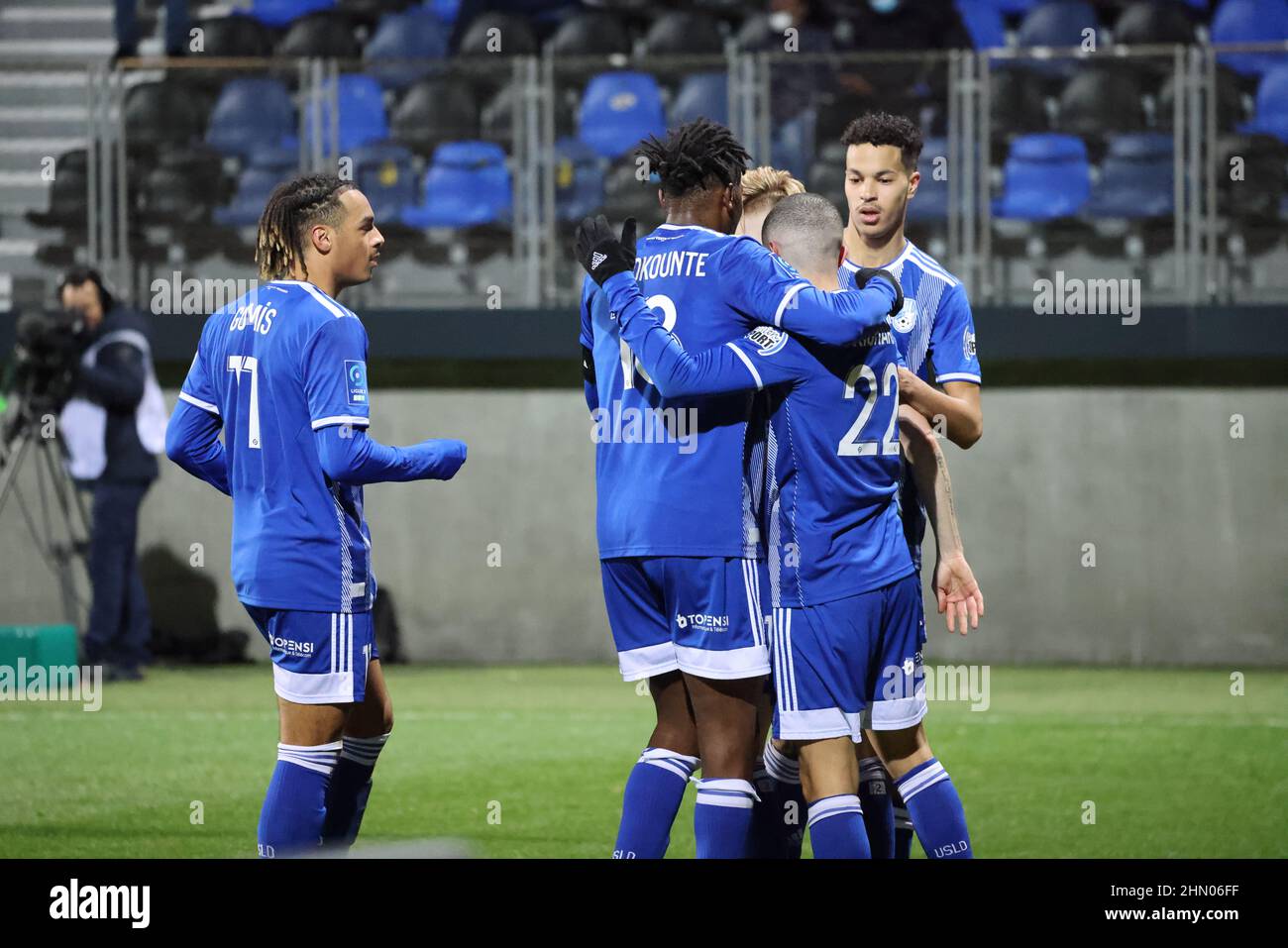 Célébration après le but lors du championnat français Ligue 2 match de football entre USL Dunkerque et Rodez AF le 12 février 2022 au stade Marcel Tribut à Dunkerque, France - photo: Laurent Sanson/DPPI/LiveMedia Banque D'Images