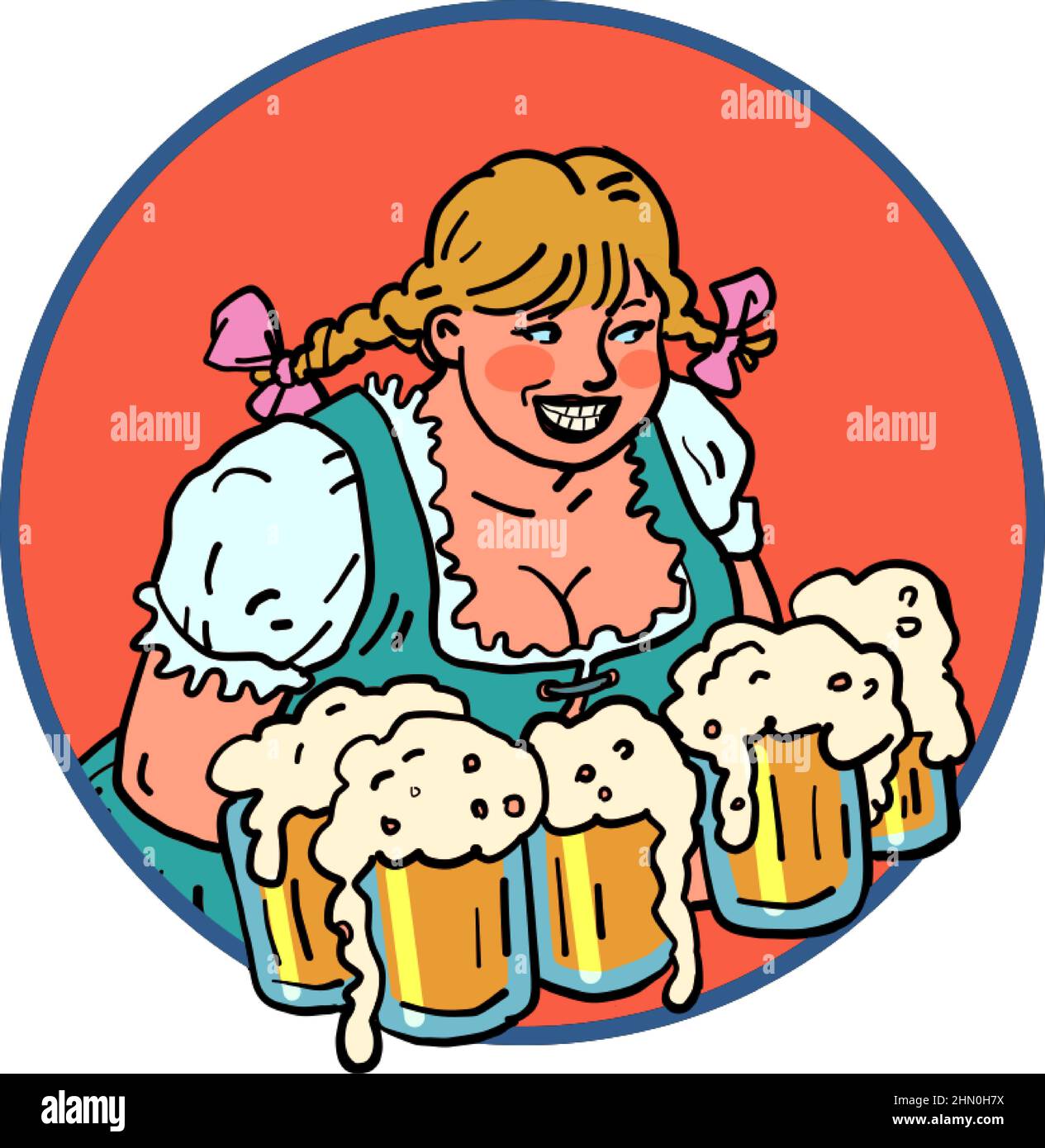 Fête de la bière, oktoberfest. La serveuse est une jeune femme avec des tasses de bière dans des vêtements allemands nationaux Illustration de Vecteur