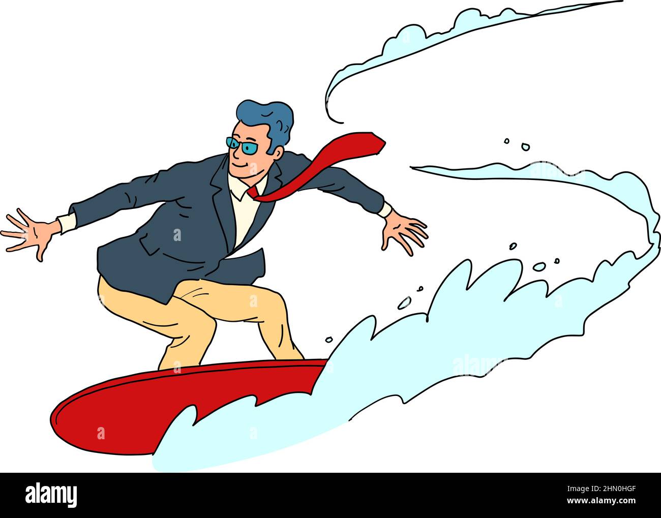 un homme d'affaires sur une planche nautique est engagé dans le surf, la vitesse et les sports d'été Illustration de Vecteur