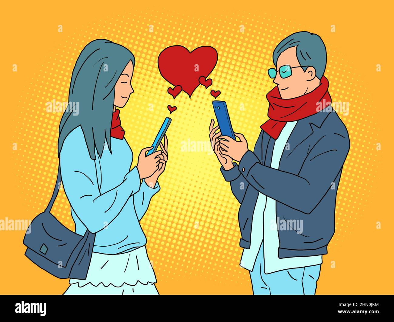 amour valentine coeur rouge un couple d'un homme et une femme avec des téléphones, dépendance sur les réseaux sociaux en ligne Illustration de Vecteur