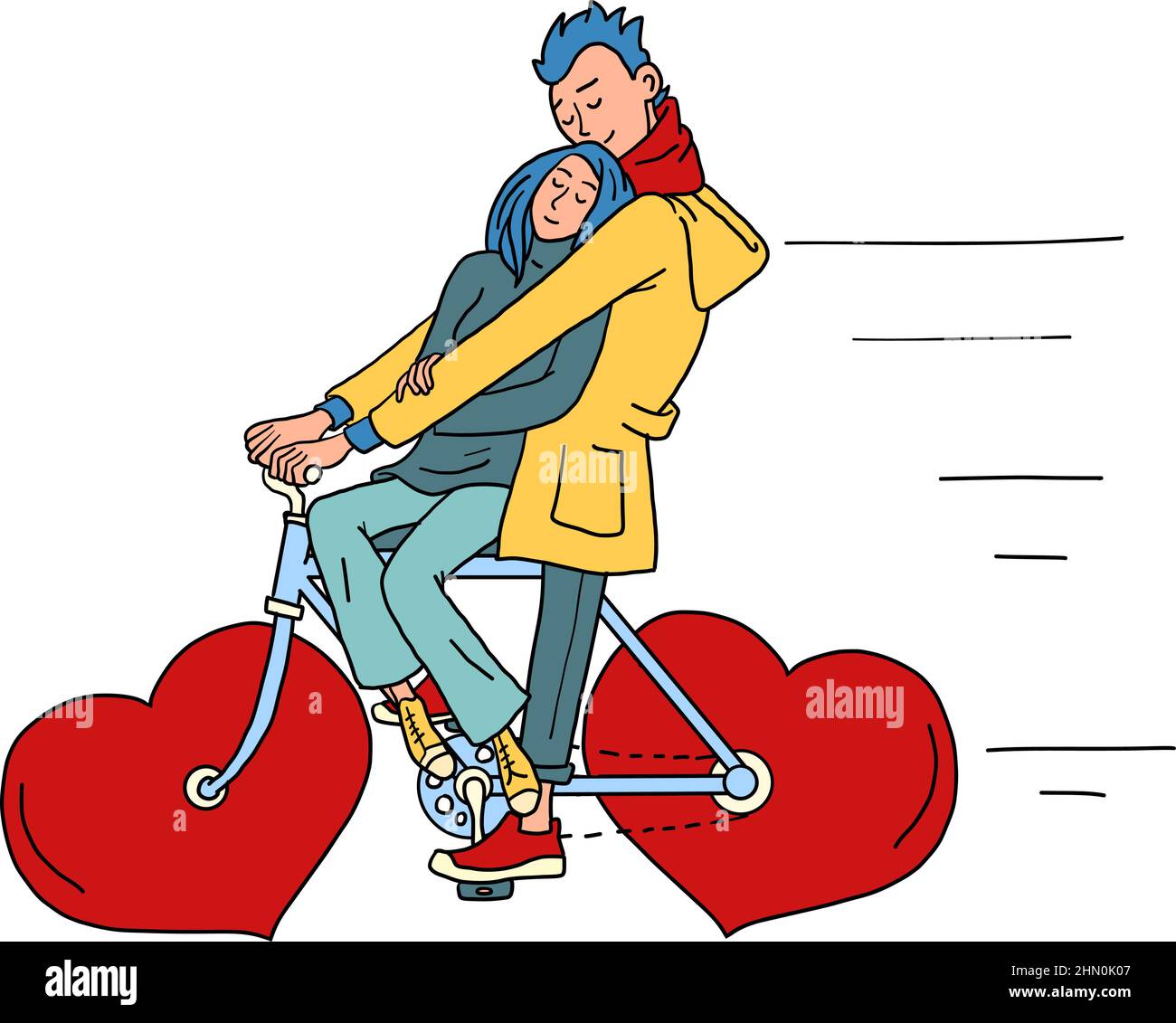 un couple amoureux manège un vélo, un coeur rouge de valentin au lieu de roues.Saint-Valentin Illustration de Vecteur