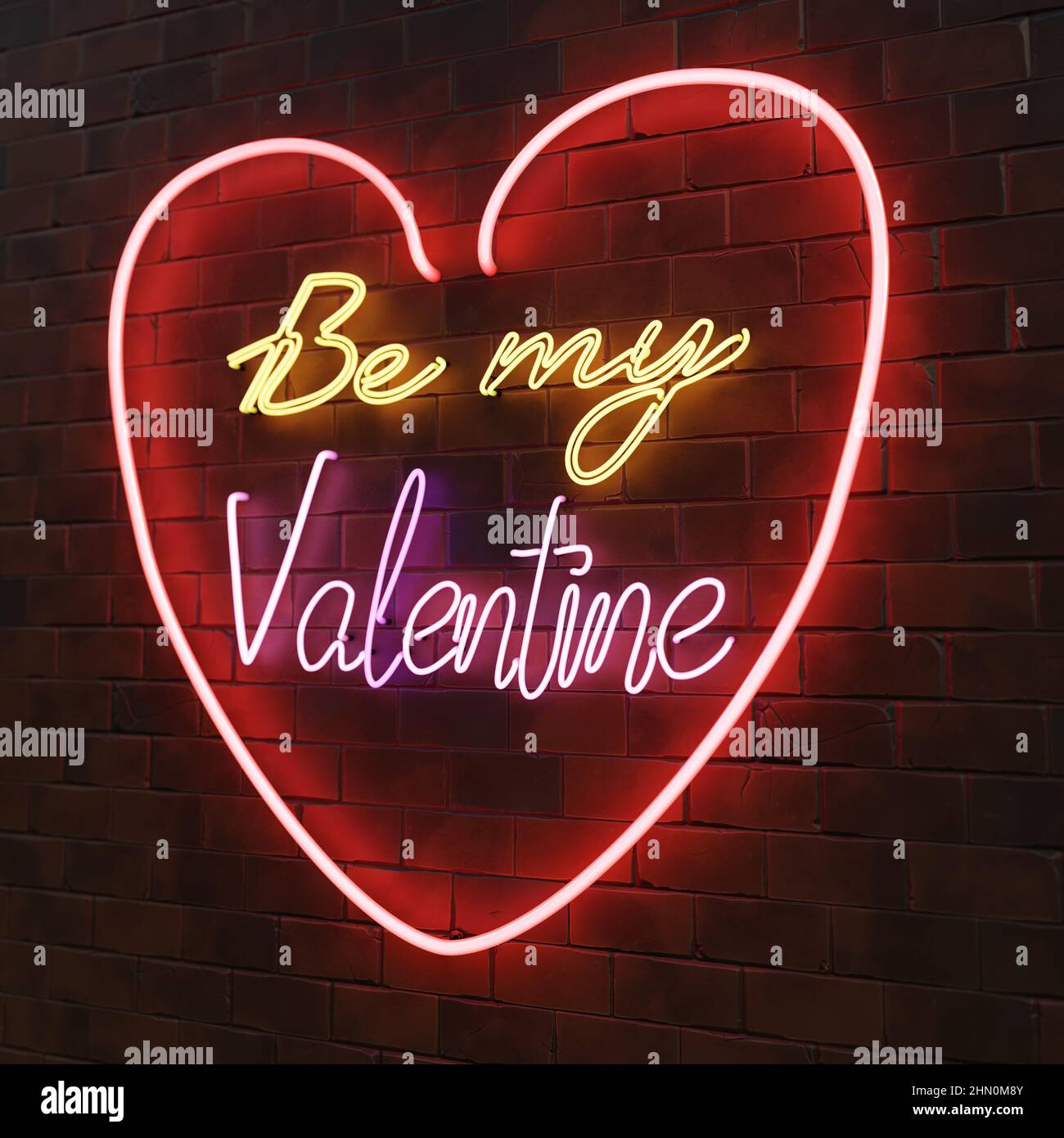 3D rendu de - être ma Saint-Valentin - enseigne néon sur mur de brique Banque D'Images