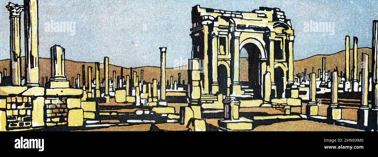 Vue de la Cité antique de Timgad ou Thamugadi en Algerie (ville romaine de Timgad, Algérie) Dessin de Jean Camille Bellaigue (1893-1931) pneu de 'Géographie' de Jean Brunhes 1932 Collection privee Banque D'Images