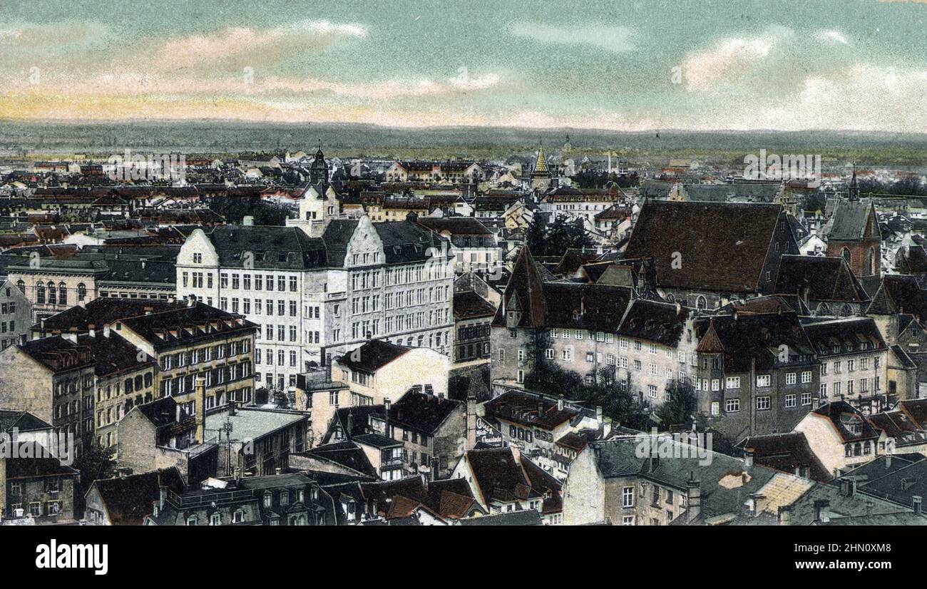 Vue panoramique sur la ville de Bale en Suisse (vue panoramique de Bâle, basilea dans le nord-ouest de la Suisse) carte postale du debut du 20eme Siecle Collection privee Banque D'Images