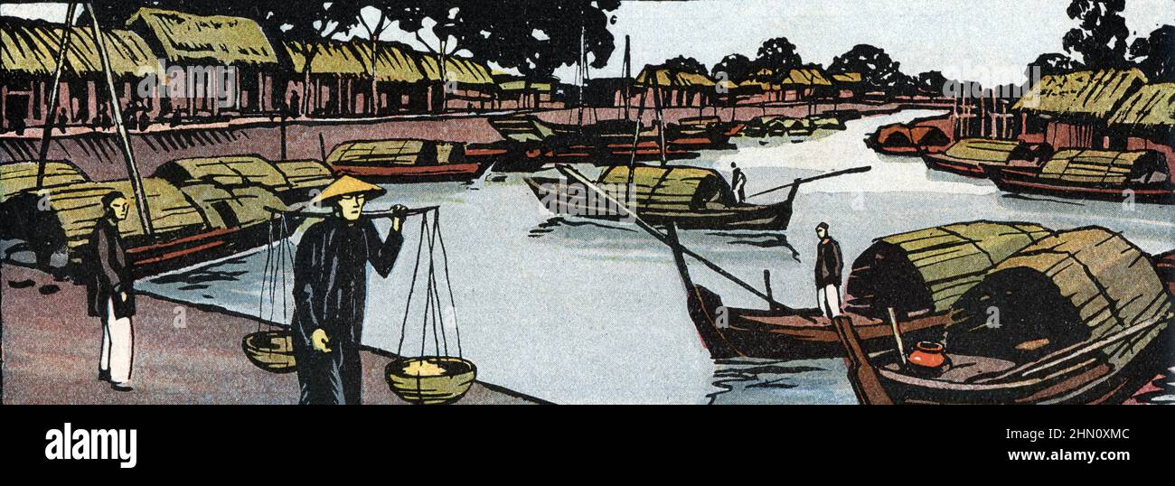 Vue de Hue ancienne capitale du Viet Nam et la rivière des parfums (Amman) (vue de Hue capitale du protectorat d'Annam pendant la période française de l'Indochine) Dessin de Jean Camille Bellaigue (1893-1931) pneu de 'Géographie' de Jean Brunhes 1932 Collection privee Banque D'Images