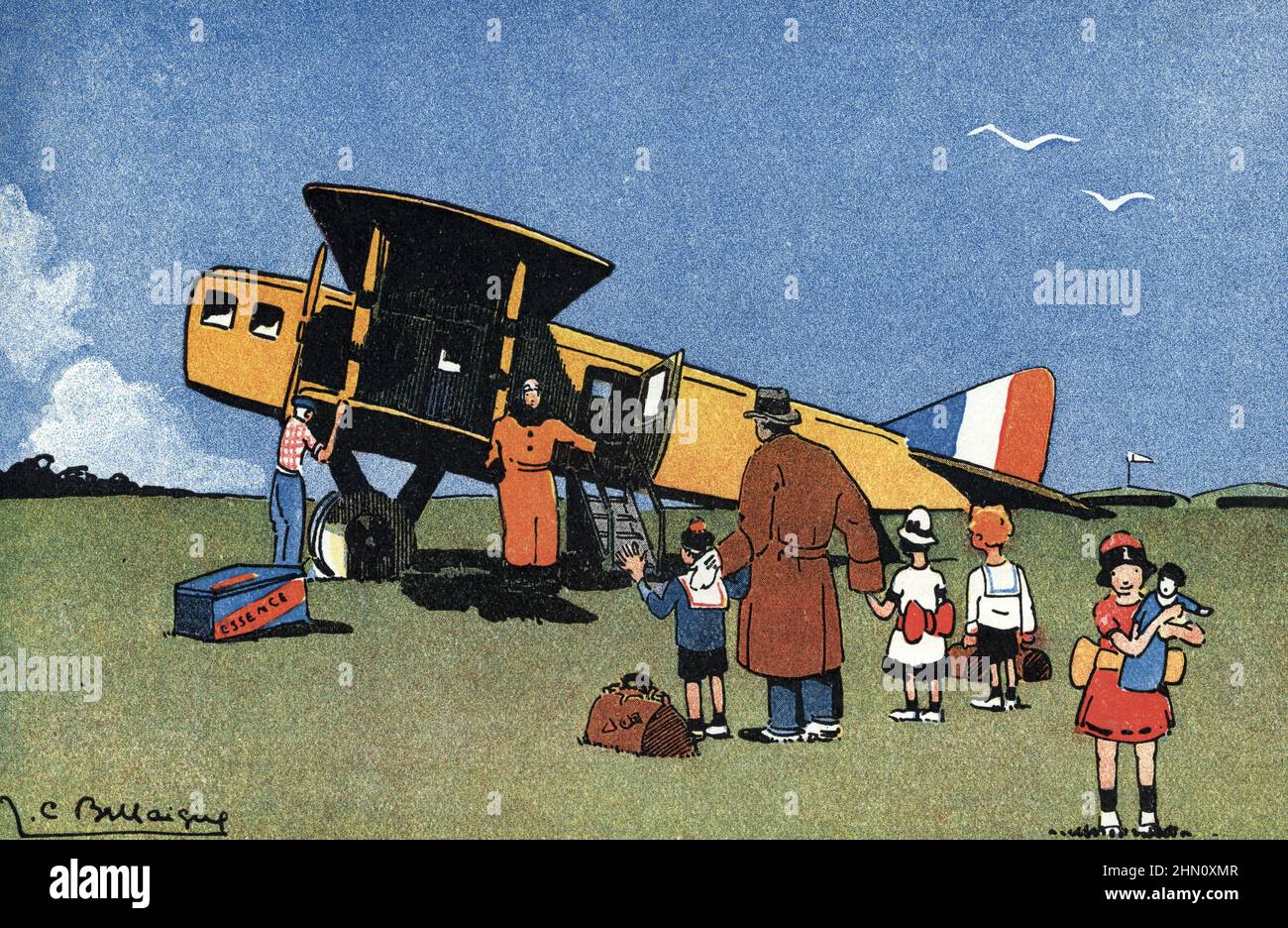 Aviation civile : une famille s'apprant un monter en avion, 1930 (une famille se prépare à monter à bord d'un avion 1930) Dessin de Jean Camille Bellaigue (1893-1931) tire de 'Géographie' de Jean Brunhes 1932 Collection privee Banque D'Images