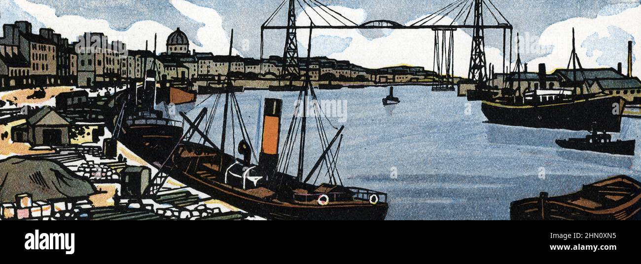 Vue du pont transbordeur a Nantes interprétation en 1903 et détour en 1958 au dessus de la Loire (Pont transporter à Nantes, france) Dessin de Jean Camille Bellaigue (1893-1931) tire de 'Géographie' de Jean Brunhes 1932 Collection privee Banque D'Images