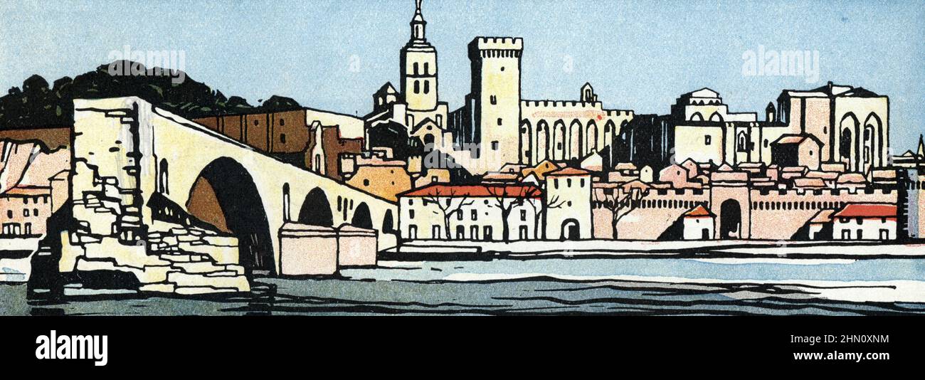Vue de la ville d'Avignon et de son pont sur le Rhône, Vaucluse (vue d'Avignon et du pont, France) Dessin de Jean Camille Bellaigue (1893-1931) pneu de 'Géographie' de Jean Brunhes 1932 Collection privee Banque D'Images