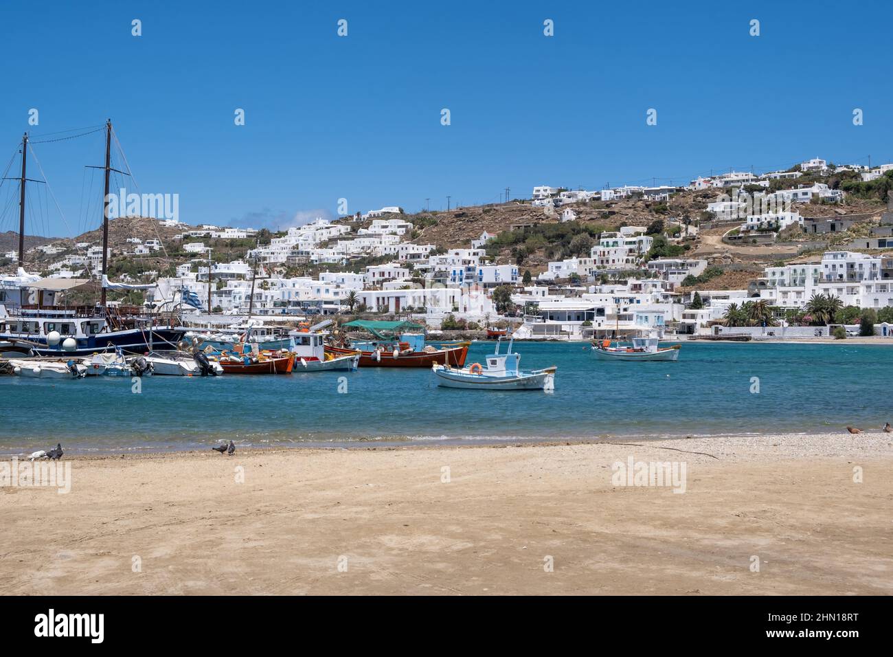 Mikonos, Cyclades, Grèce. Bateau amarré au port de Mykonos, bateau dans la mer Égée, bâtiment en bord de mer, fond bleu ciel. Oiseau sur la plage vide ensoleillé da Banque D'Images