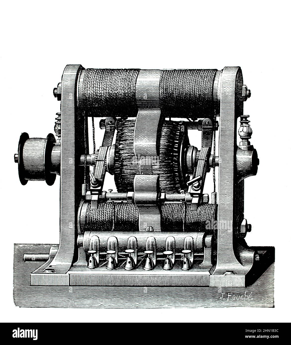 Science Histoire, production d'électricité, Gram machine avec huit électro-aimants horizontaux Banque D'Images