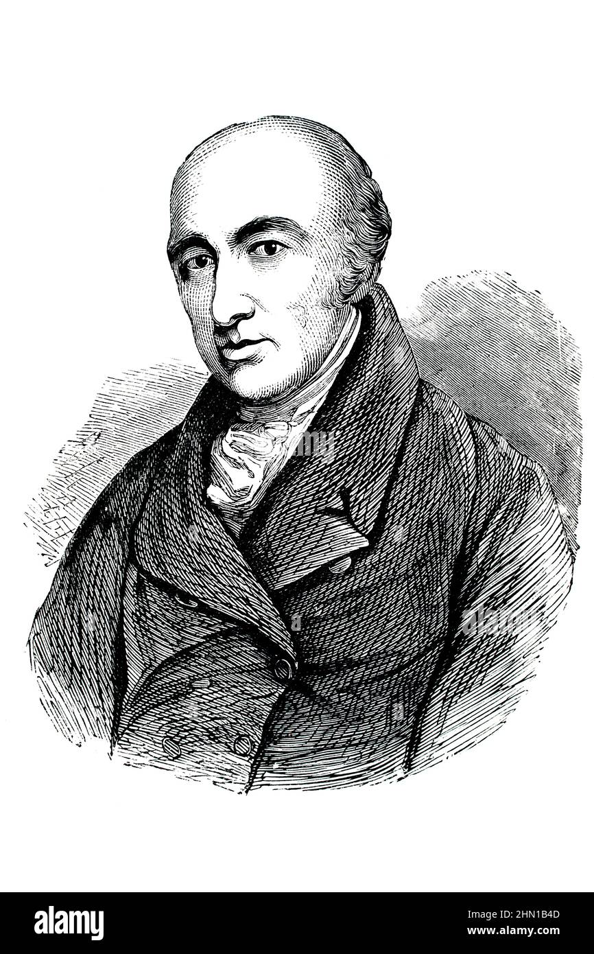 Science Histoire, portrait du chimiste et physicien anglais Dr William Hyde Wollaston, célèbre pour sa découverte des éléments chimiques palladium et rhodi Banque D'Images