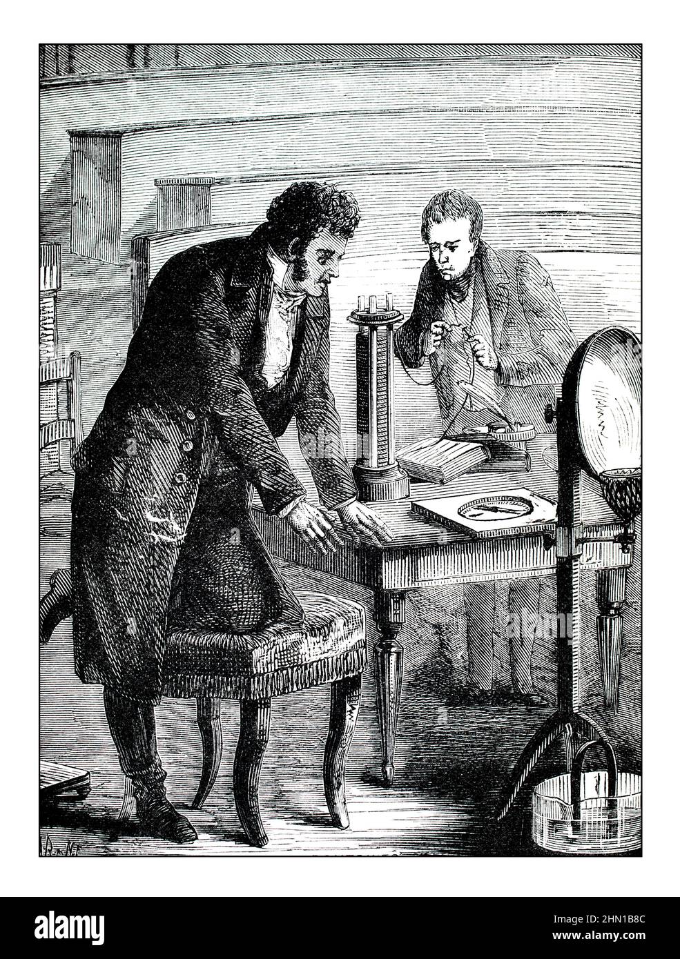 Science Histoire, physicien et chimiste danois, Hans Christian Ørsted expérimente l’électricité et le magnétisme Banque D'Images