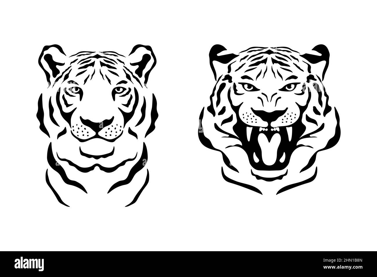 Vector main Monochrome noir et blanc Tiger face. Tête de tigre noble pour l'impression de vêtements, tatouage, tissus, T-shirt, imprimé carte, Logo. Symbole Illustration de Vecteur