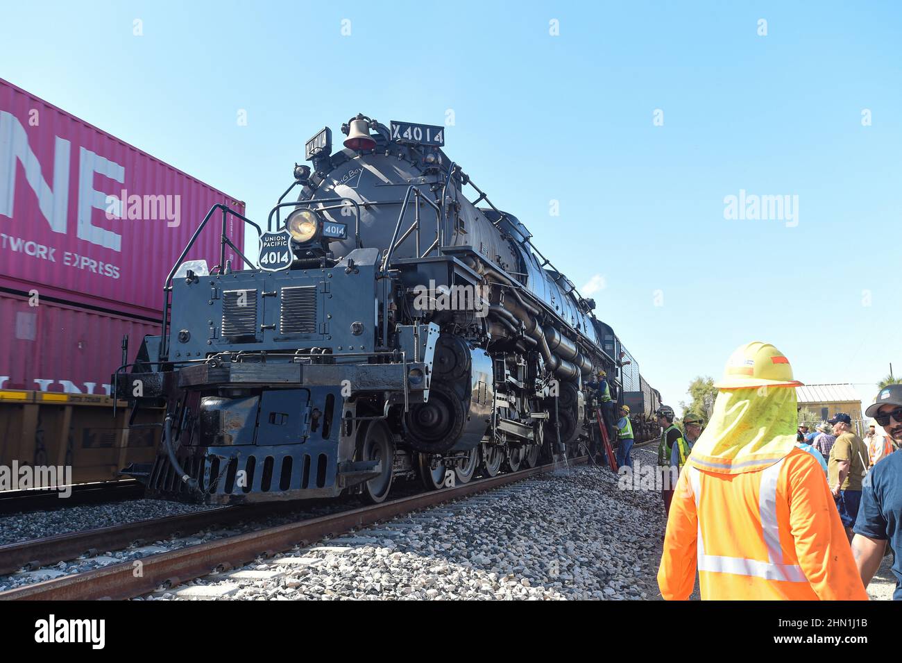 La locomotive Union Pacific 'Big Boy' 4014 s'arrête pour l'entretien à Niland, en Californie. Banque D'Images