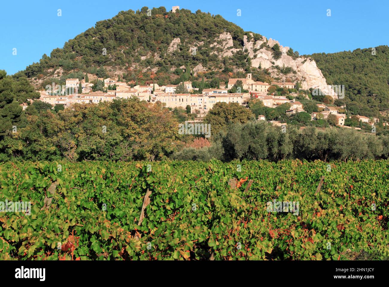Le village de Séguret parmi les vignes aux couleurs de l'automne, Provence. Banque D'Images
