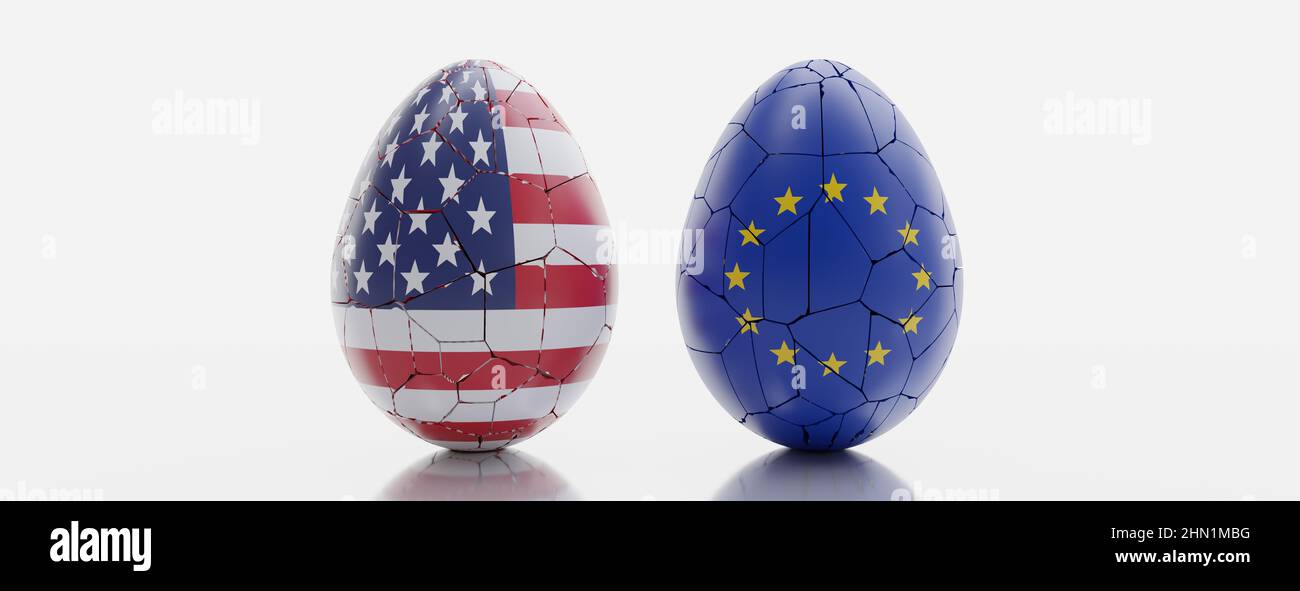USA contre UE, crise des relations. Drapeau de l'Union européenne et des États-Unis d'Amérique sur les œufs cassés et fissurés isolés sur fond blanc. 3d rendu Banque D'Images
