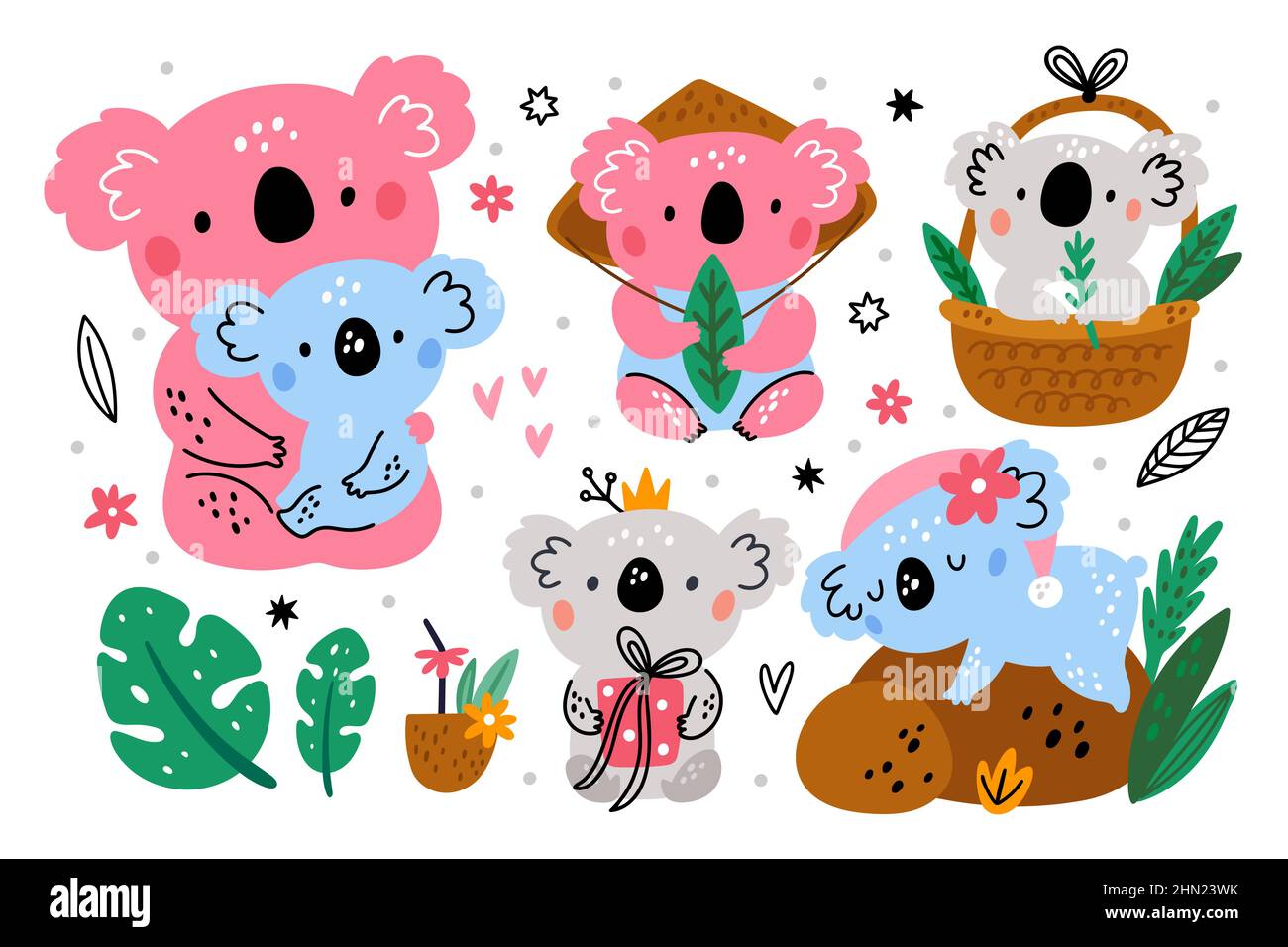 Koalas mignons. Ours moelleux. Les animaux à fourrure drôles dorment ou mangent des feuilles d'eucalyptus. Les créatures se détendent dans différentes poses. Maman et enfant. Australien Illustration de Vecteur