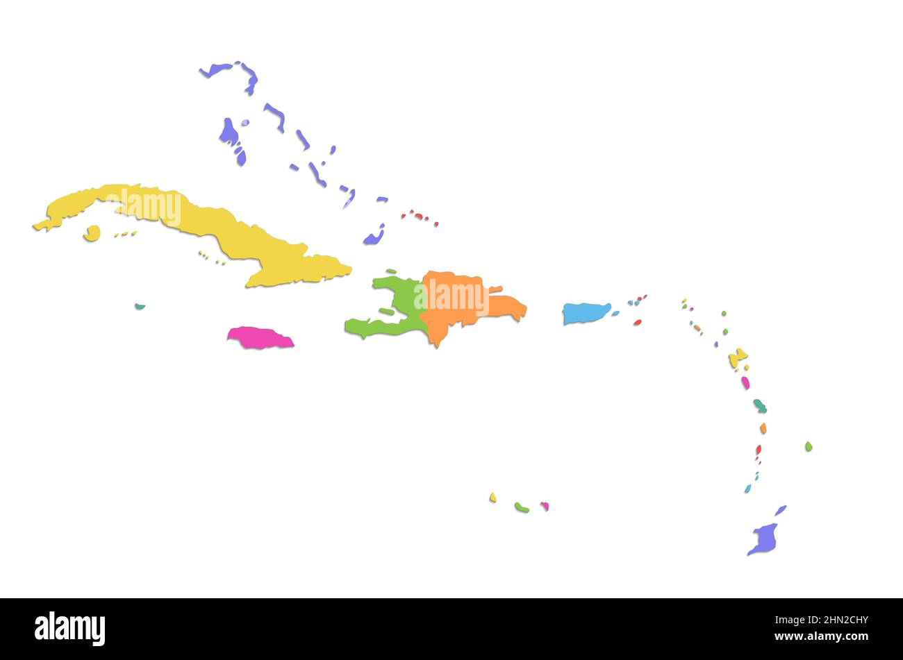 Carte des îles des Caraïbes, île avec noms, carte couleur isolée sur fond blanc, vierge Banque D'Images
