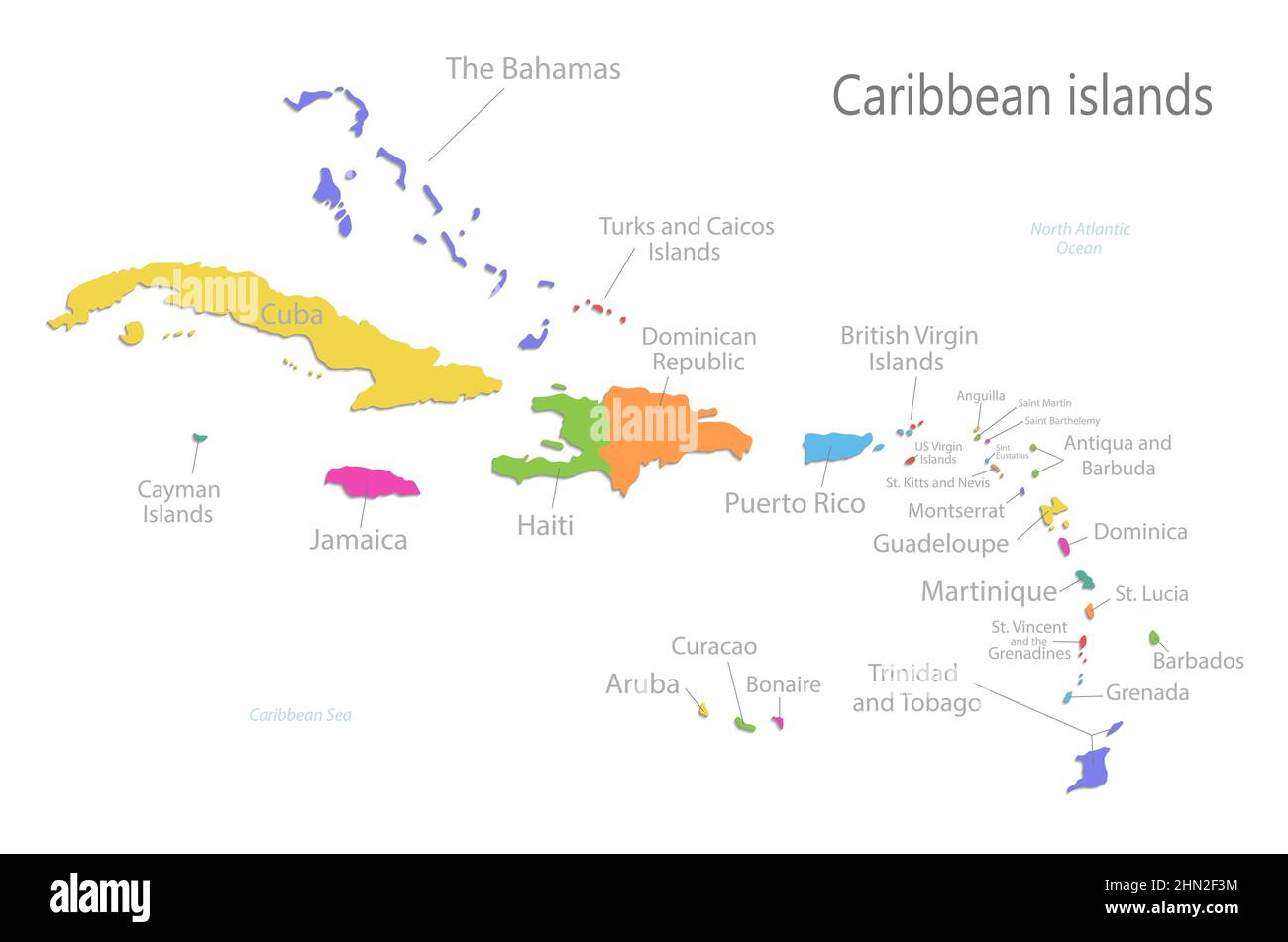 Carte des îles des Caraïbes, île avec noms, carte couleur isolée sur fond blanc Illustration de Vecteur