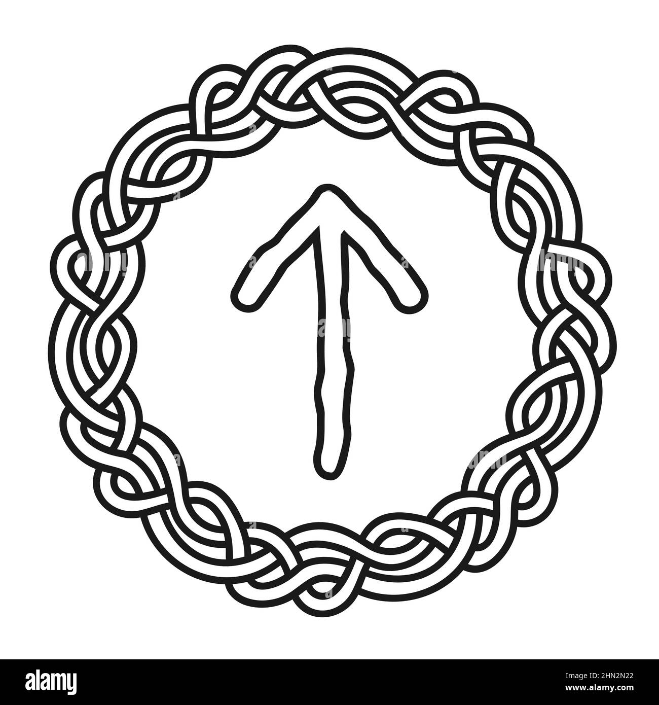 Rune Teiwaz dans un cercle - un ancien symbole ou signe scandinave, amulet. Écriture Viking. Illustration vectorielle dessinée à la main pour sites Web, jeux, Illustration de Vecteur