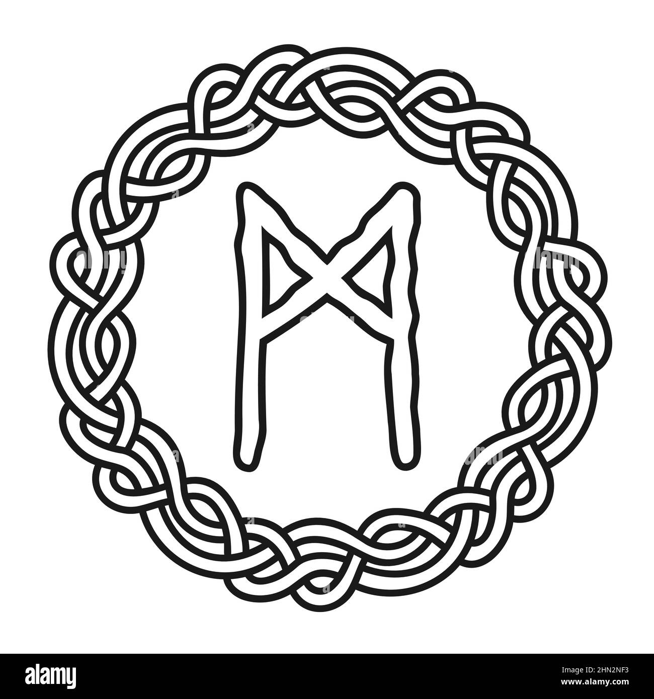 Rune Mannaz dans un cercle - un ancien symbole ou signe scandinave, amulet. Écriture Viking. Illustration vectorielle dessinée à la main pour sites Web, jeux, Illustration de Vecteur