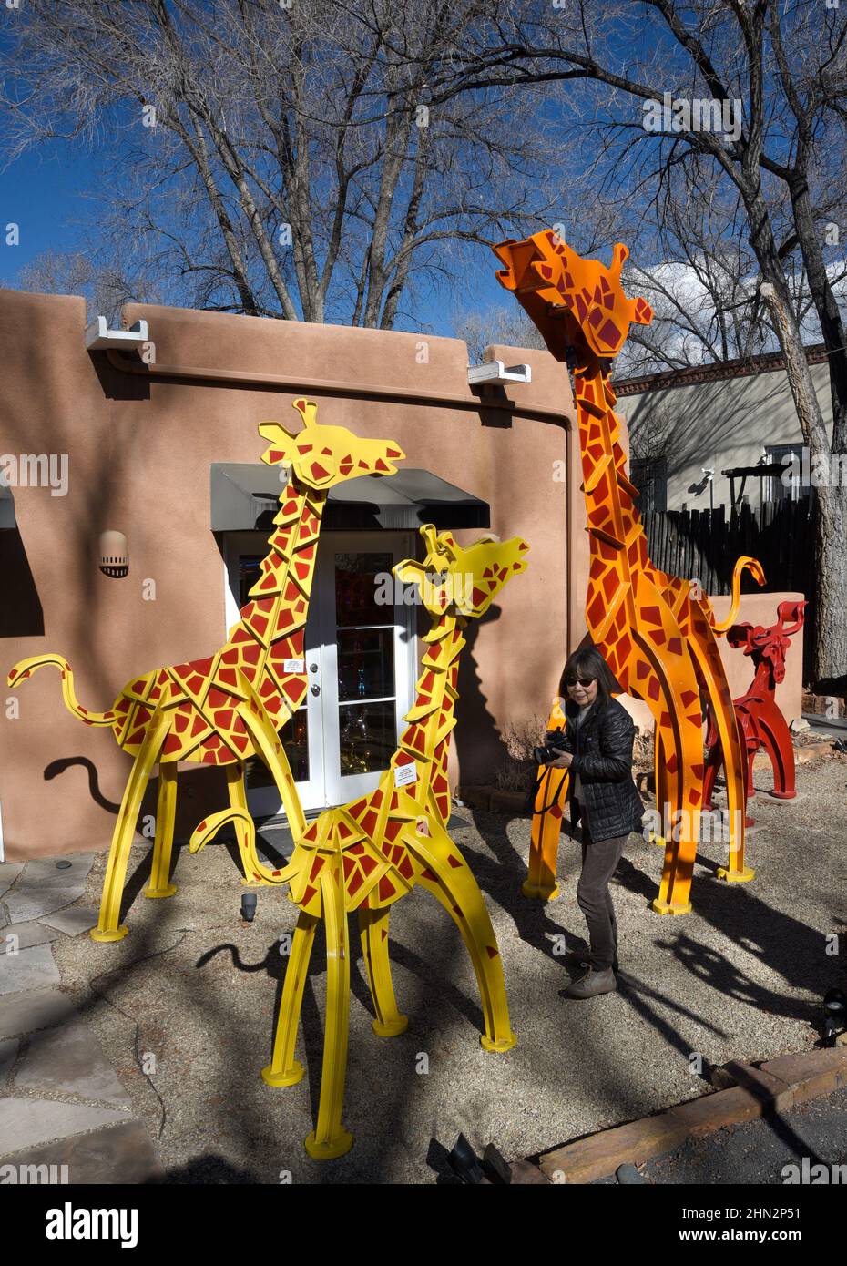Un touriste regarde les sculptures d'animaux colorées de Fredrick Prescott à vendre dans une galerie d'art de Santa Fe, Nouveau-Mexique. Banque D'Images