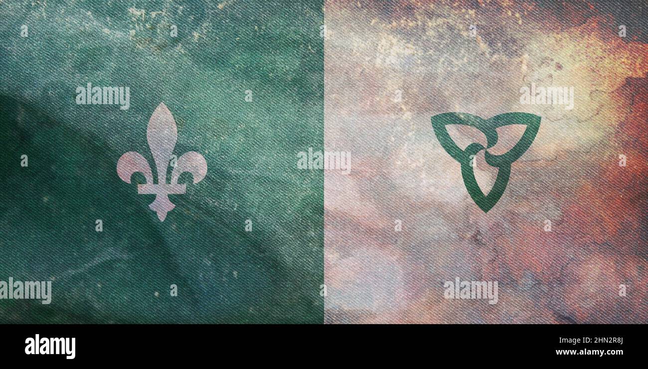 Vue de dessus du rétrodrapeau franco ontarien , France avec texture grunge. Voyage français et patriote concept. Pas de mât. Conception de plan, présentation. Drapeau backgro Banque D'Images