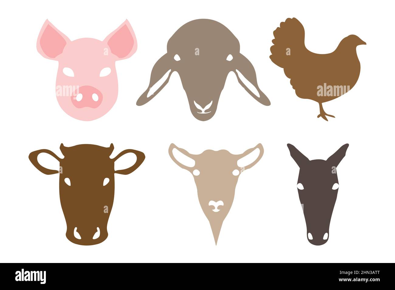 Porc, mouton, poulet, vache, chèvre et cheval ferme domestique visages ou têtes d'animaux isolés Illustration de Vecteur