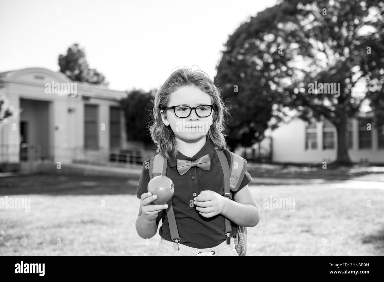Concept d'enfant scolaire. Adorable pupille, enfant en uniforme scolaire avec sac à dos extérieur. Portrait de l'écolier néd. Banque D'Images