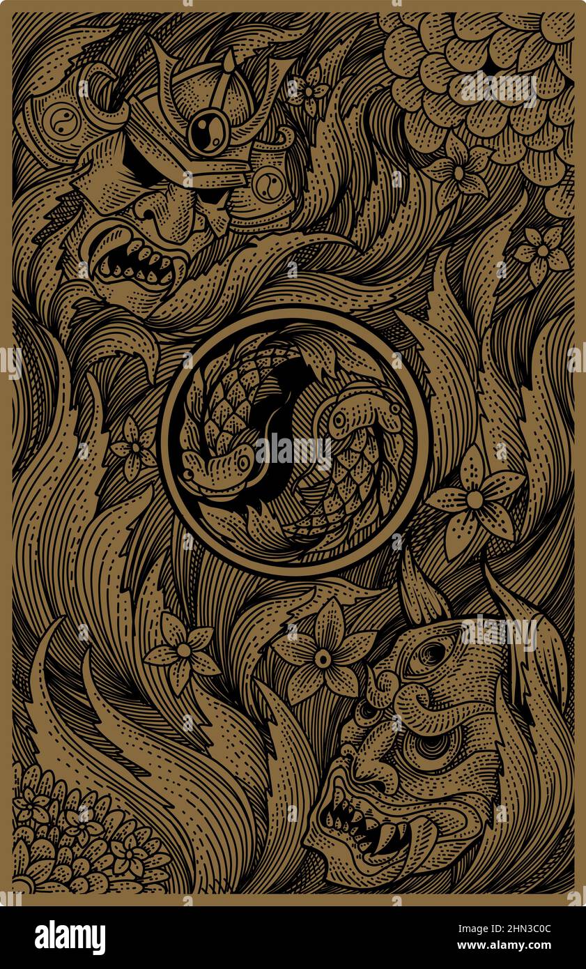 déco gravure vintage samouraï et masque oni Illustration de Vecteur