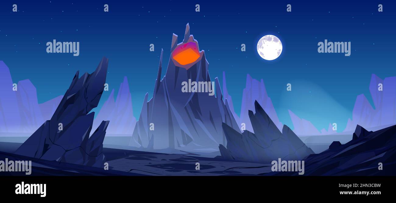 Paysage nocturne volcan avec magma rougeoyant dans cratère sous ciel étoilé avec pleine lune. Arrière-plan nature avec montagnes et roche avec liquide chaud et phosphorescent dans la bouche volcanique, illustration du Cartoon Vector Illustration de Vecteur