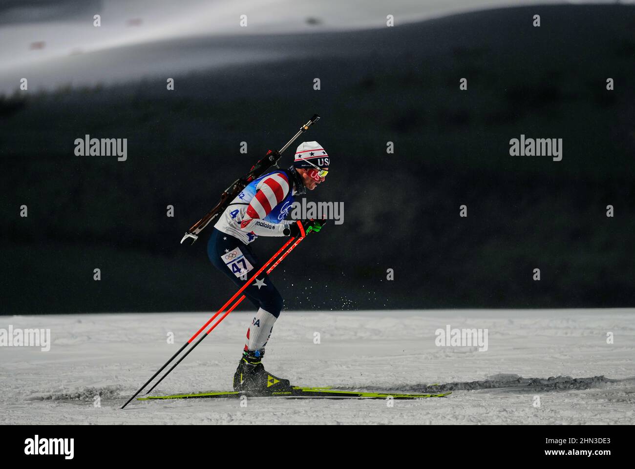 Zhangjiakou, Chine, Jeux olympiques d'hiver de 2022, 13 février 2022 : Sean Doherty des États-Unis pendant le biathlon au parc de neige de Zhangjiakou Genting. Prix Kim/CSM. Banque D'Images