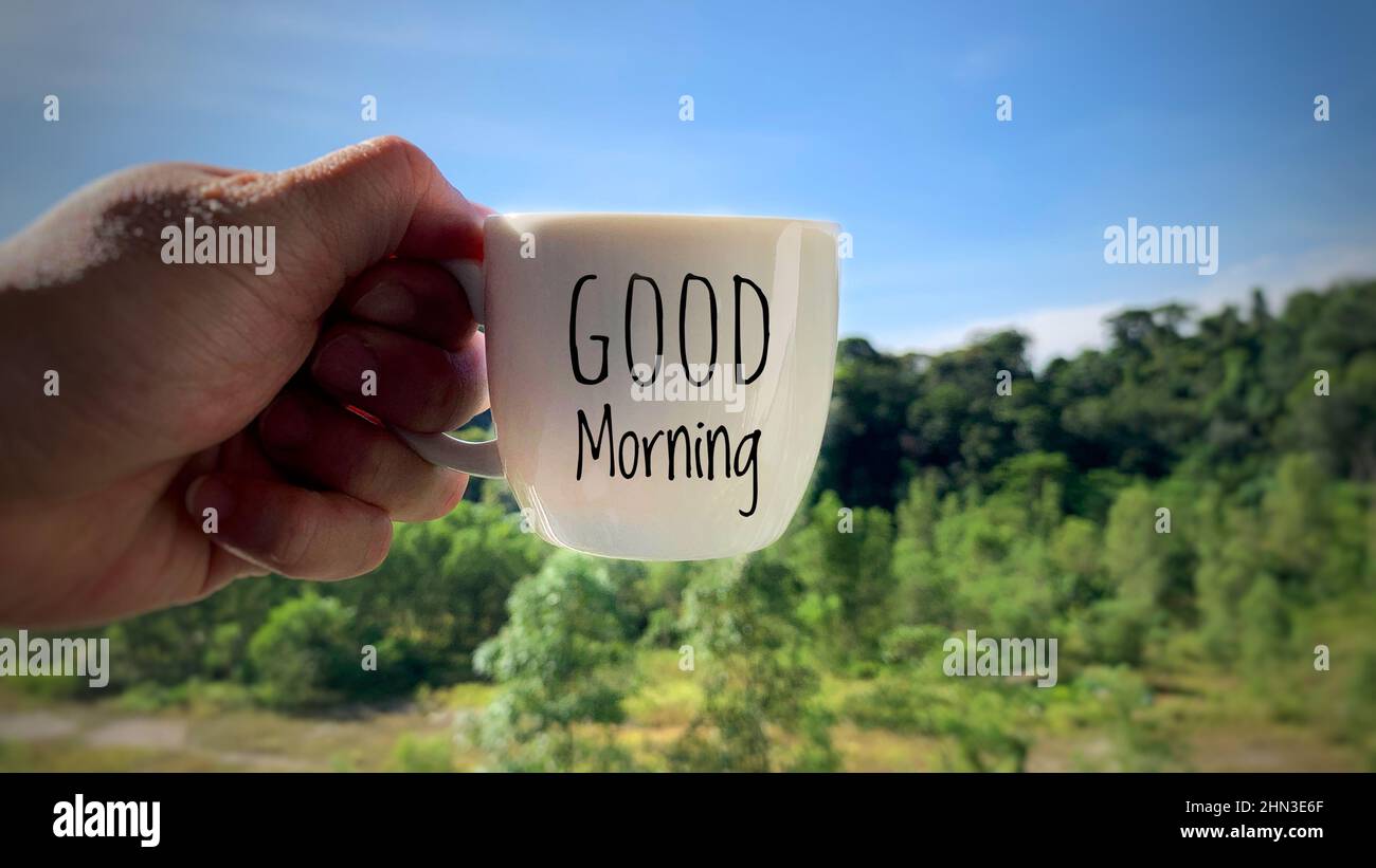 Texte du matin sur la tasse à café. Concept du matin Banque D'Images