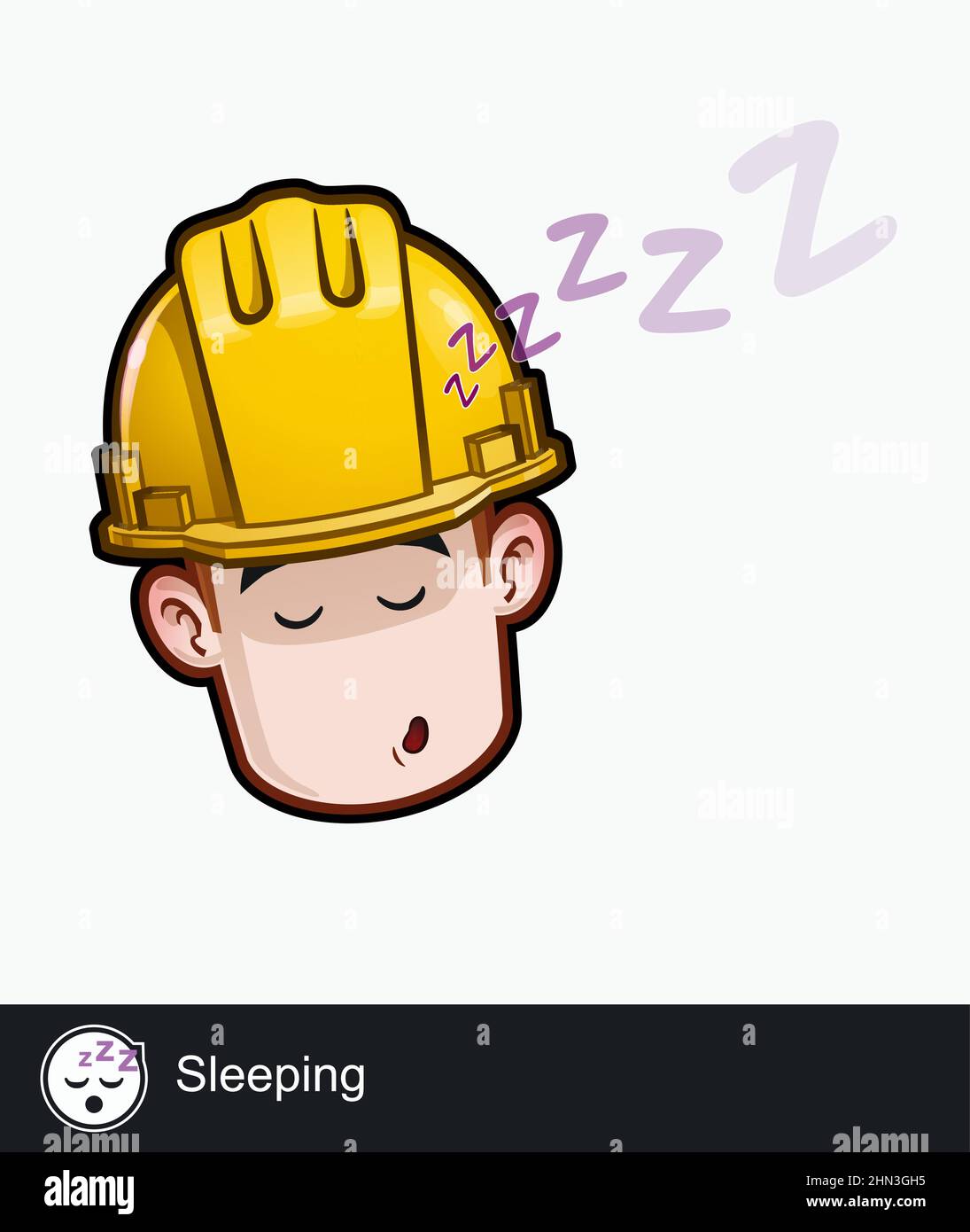 Icône d'un travailleur de la construction face avec l'expression émotionnelle du sommeil. Tous les éléments sont soigneusement présentés sur des couches et des groupes bien décrits. Illustration de Vecteur