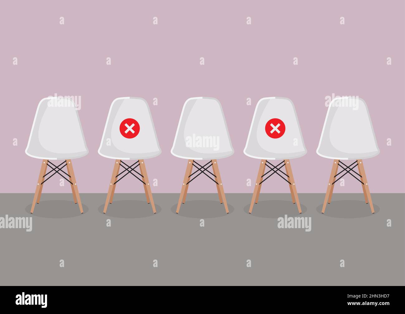 Chaises blanches modernes pendant la situation Covid-19 avec un signe de « distanciation sociale » pour prévenir le risque d'infection par le virus. Illustration vectorielle Illustration de Vecteur