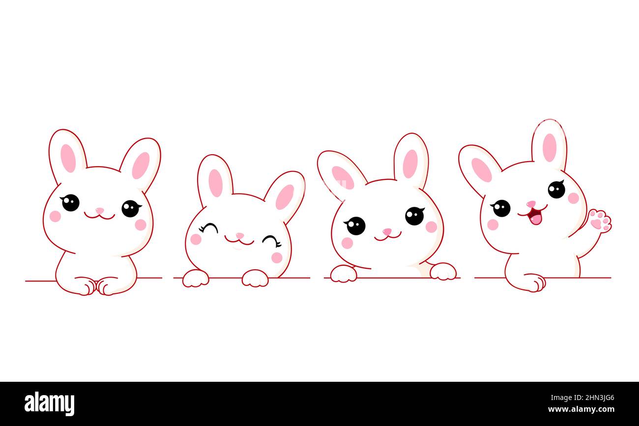 Ensemble de petits lapins mignons. Bordures avec lapins blancs kawaii. Collection de lapins avec différentes émotions - drôle, heureux, surpris. Peut être utilisé pour t Illustration de Vecteur