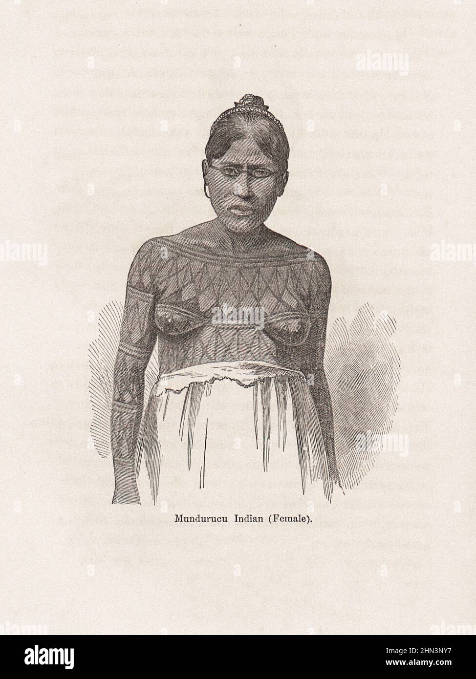 Illustration ancienne de Mundurucu Indian (femelle). 1868 Portrait d'un homme du peuple indigène Munduruku au Brésil Banque D'Images