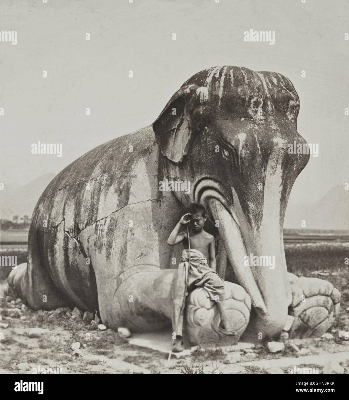 Photo d'époque d'un jeune troupeau chinois près de la sculpture chinoise antique d'un éléphant en pierre à genoux. Les Tombeaux Ming. Chine du Nord. 1902 Banque D'Images