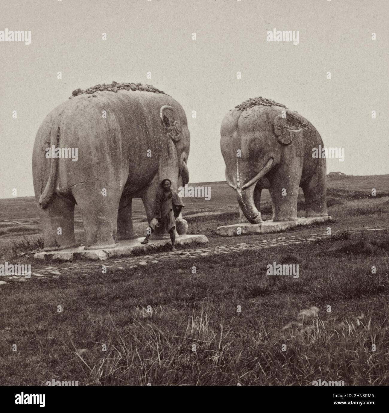 Photo d'époque d'énormes figures de pierre sur l'avenue menant aux tombes des Rois, Nankin, Chine. Octobre 1900 Banque D'Images