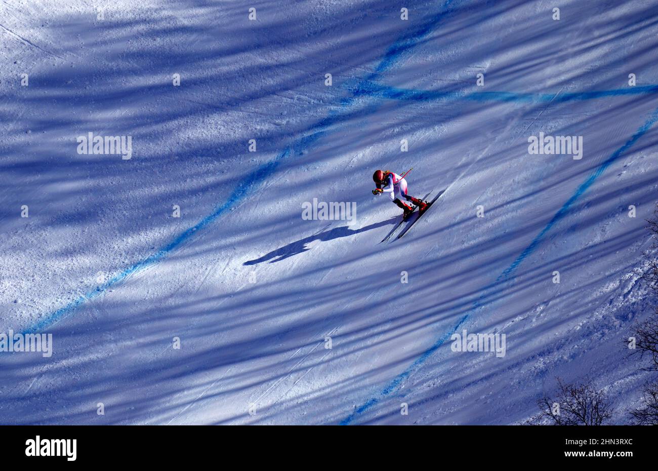 Pékin, Chine. 14th févr. 2022. Mikaela Shiffrin, des États-Unis, fait le dernier entraînement féminin en descente aux Jeux olympiques d'hiver de Beijing le vendredi 14 février 2022. Photo de Rick T. Wilking/UPI crédit: UPI/Alay Live News Banque D'Images