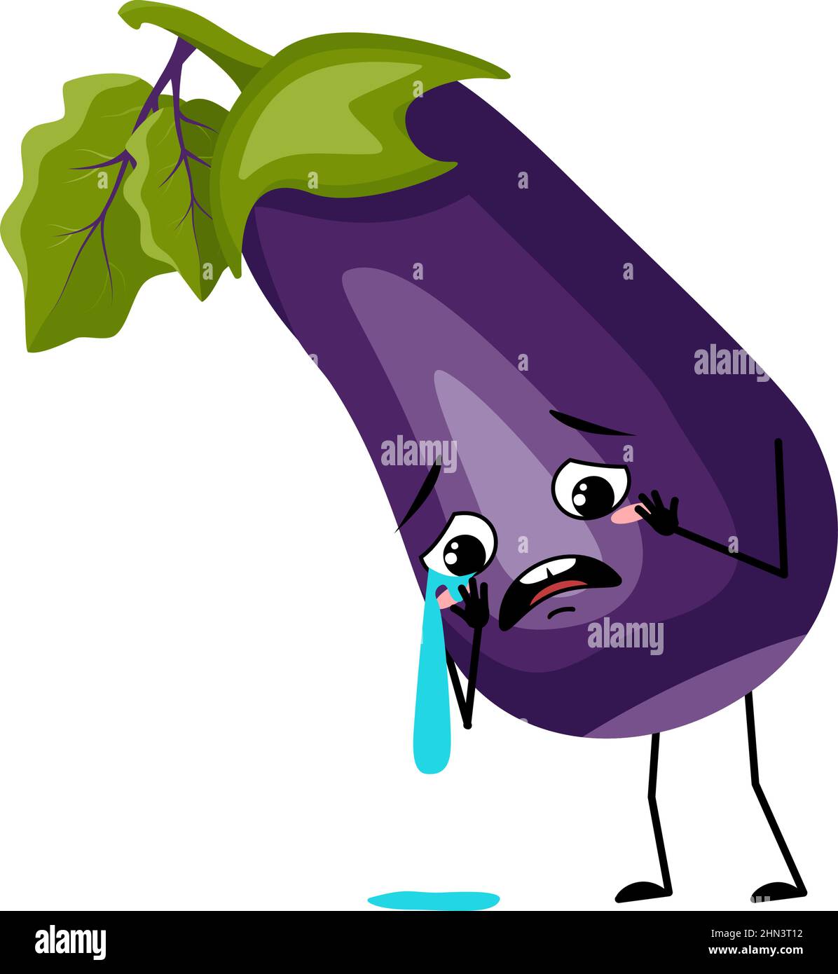 Le personnage d'aubergine avec des pleurs et des larmes, l'émotion, le visage triste, les yeux dépressifs. Personne avec expression mélancolique, émoticône légumière. Illustration vectorielle plate Illustration de Vecteur