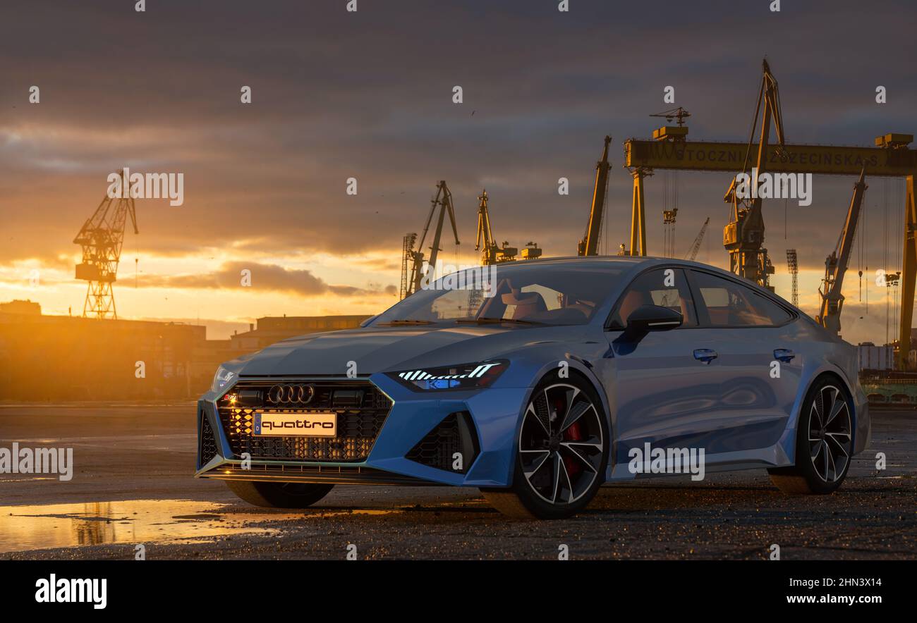 Voiture de sport Audi RS 7 de luxe dans le paysage industriel Banque D'Images