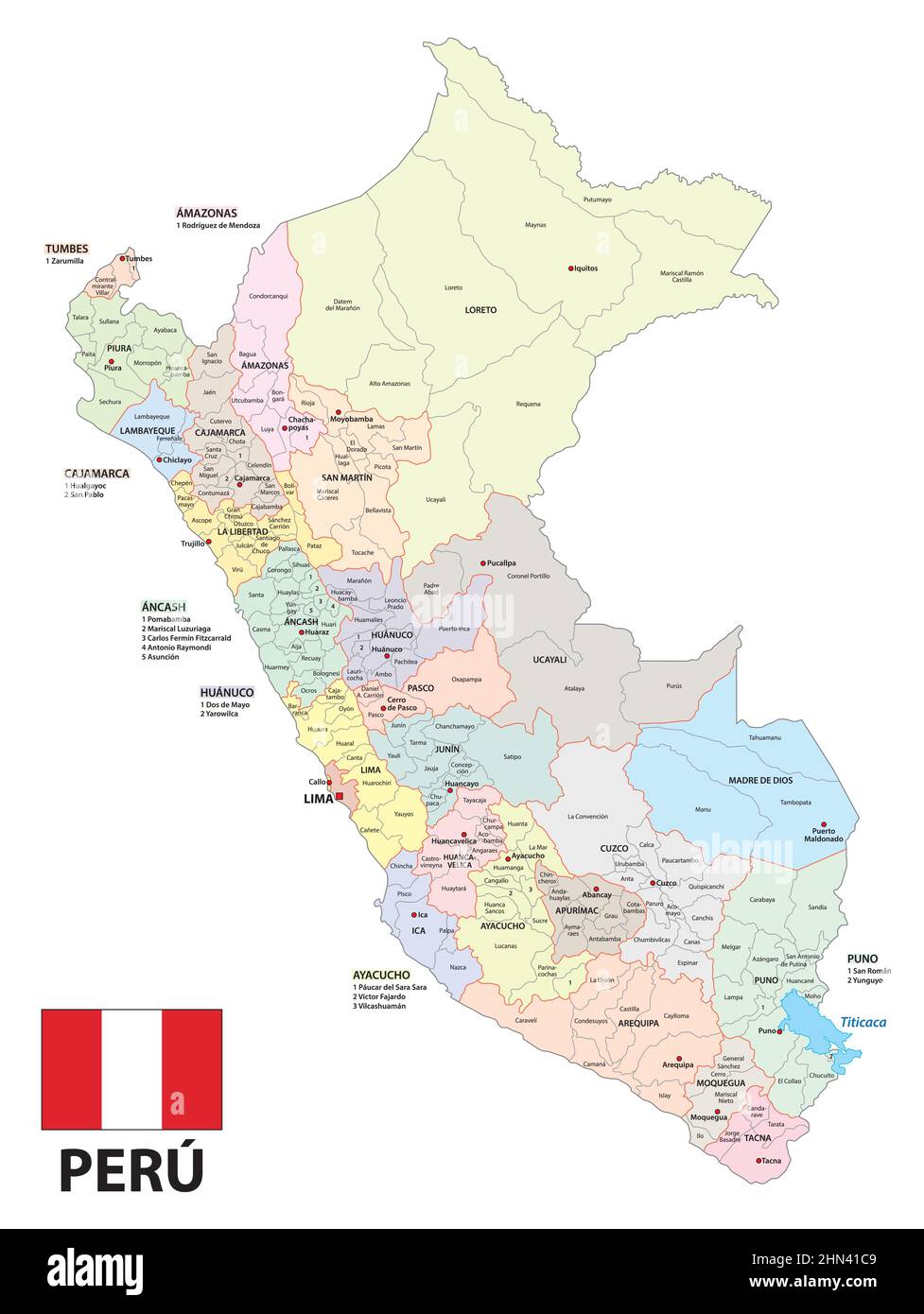 Carte vectorielle administrative de l'État sud-américain du Pérou Illustration de Vecteur