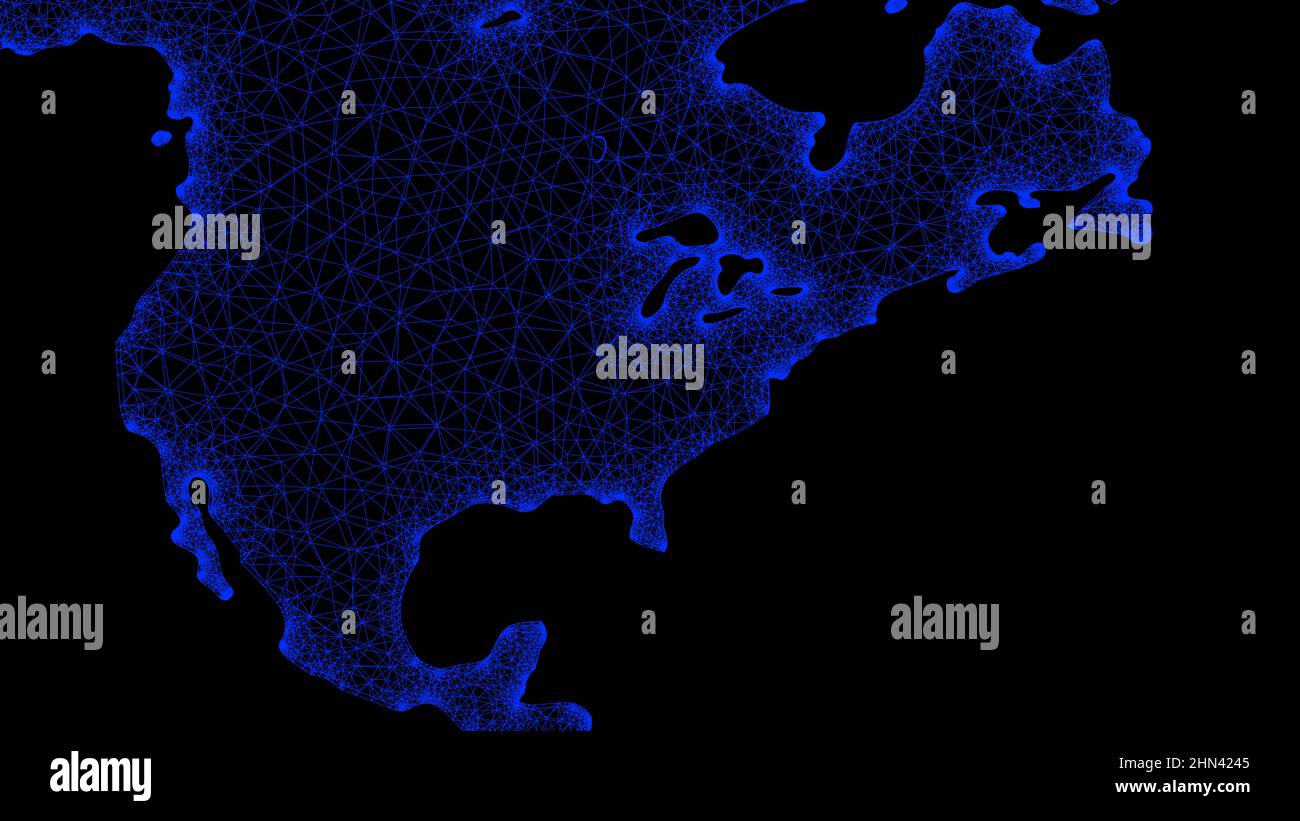 Carte technologique mondiale 3D. Carte numérique NEON des Etats-Unis avec graphiques informatiques et lignes de communication et de réseau lumineuses. Business, Finance, concept technologique. Illustration 3D de haute qualité Banque D'Images