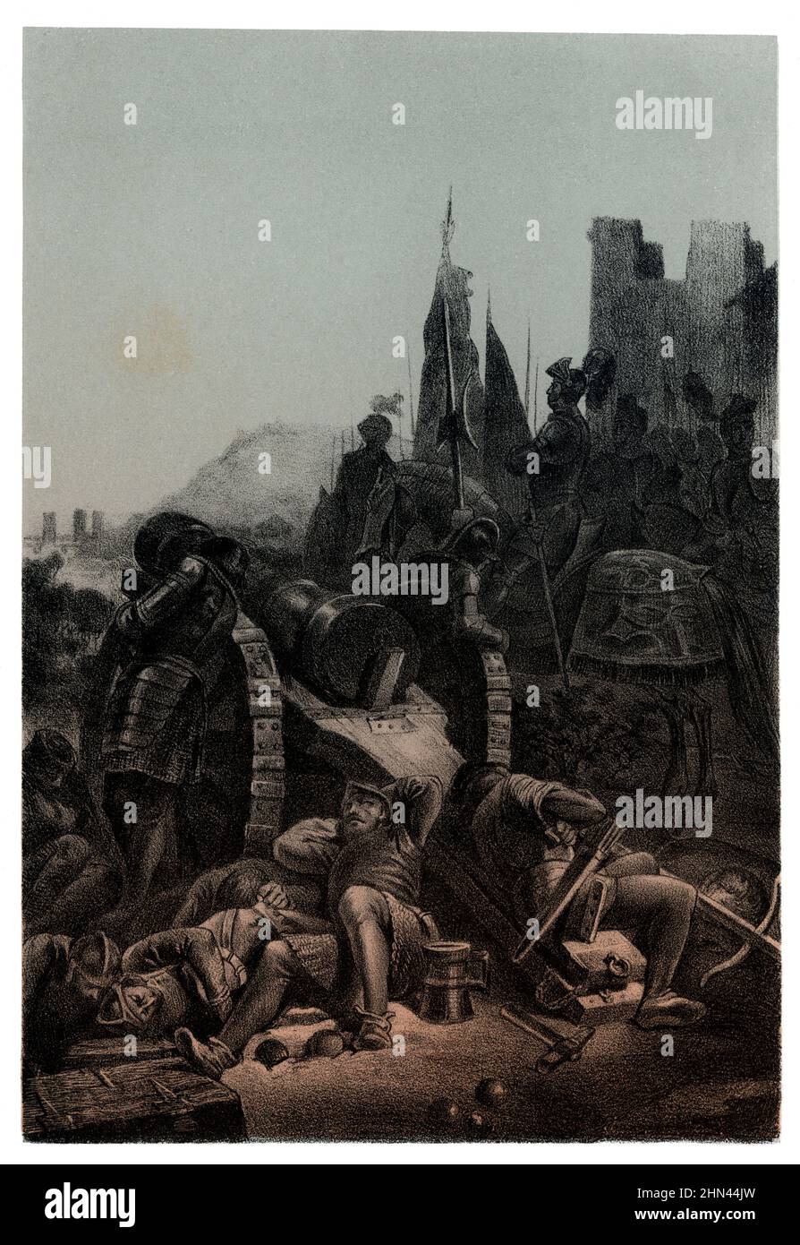 Catalogne. V.SIGLO Cerco y asalto de Barcelona por las trompas del rey Juan II de Aragón en octubre de 1472. Grabado de 1881. Banque D'Images
