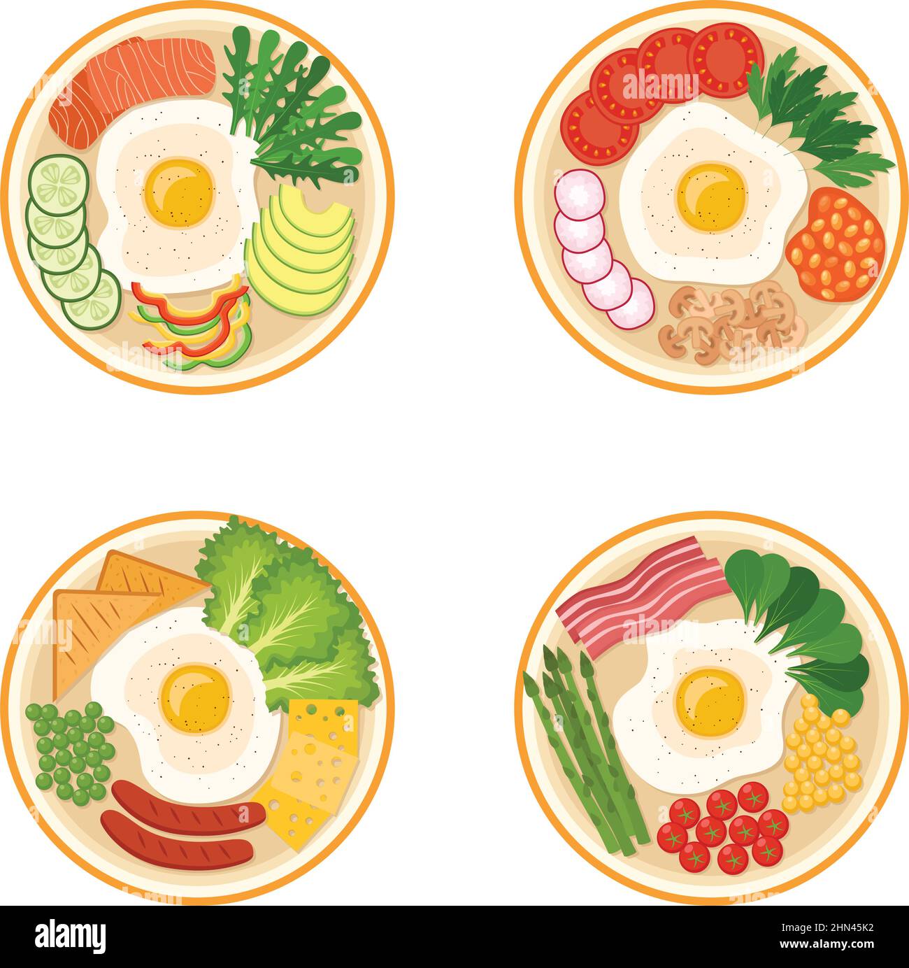 Petit déjeuner avec œufs frits, légumes, bacon, saucisses, saumon, fromage, haricots, illustration vectorielle Illustration de Vecteur