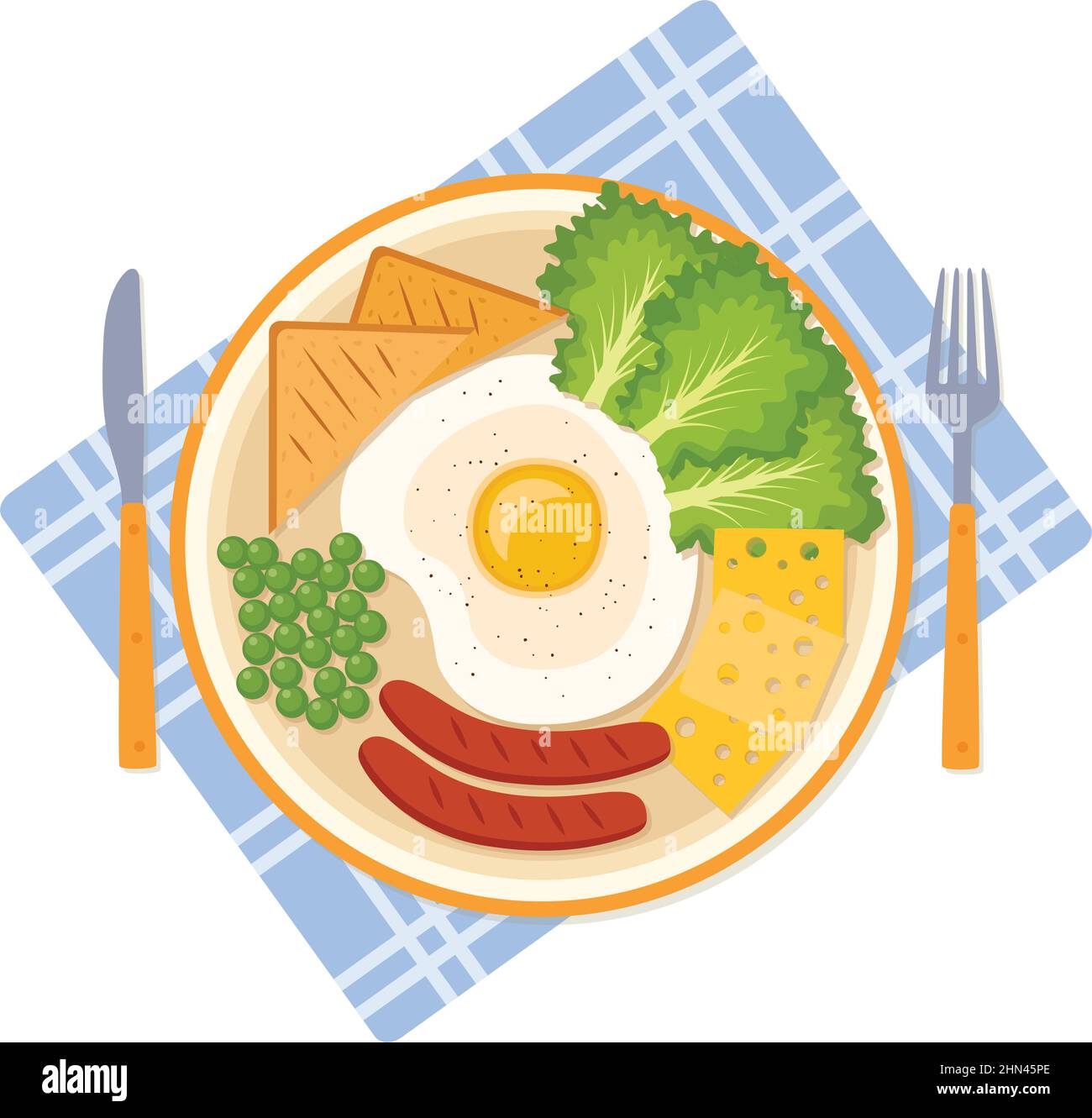 Petit-déjeuner avec œufs frits, petits pois, saucisses, légumes verts, fromage et pain, illustration vectorielle Illustration de Vecteur