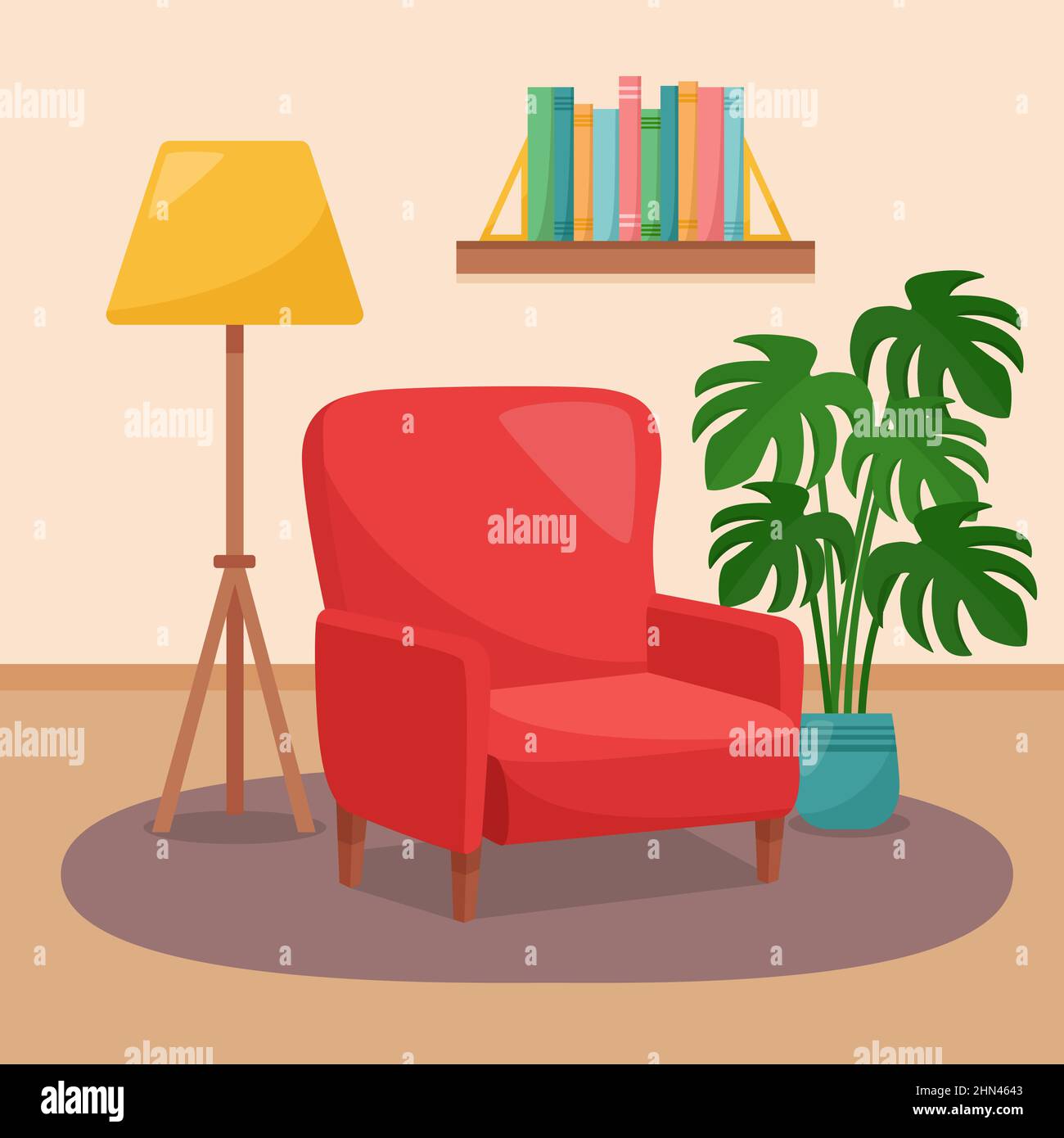 Intérieur du séjour. Fauteuil, étagère avec livres, lampadaire et maison, illustration vectorielle Illustration de Vecteur