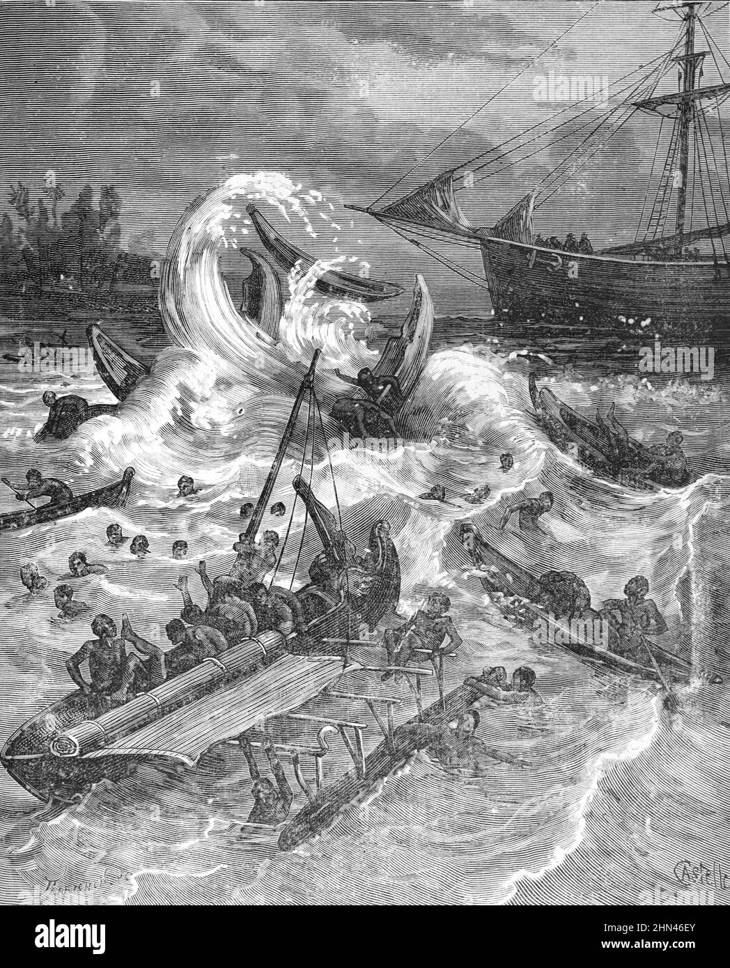 Tempête ou tsunami au large de la Nouvelle-Guinée. Illustration ancienne ou gravure 1881. (Castelli) Banque D'Images