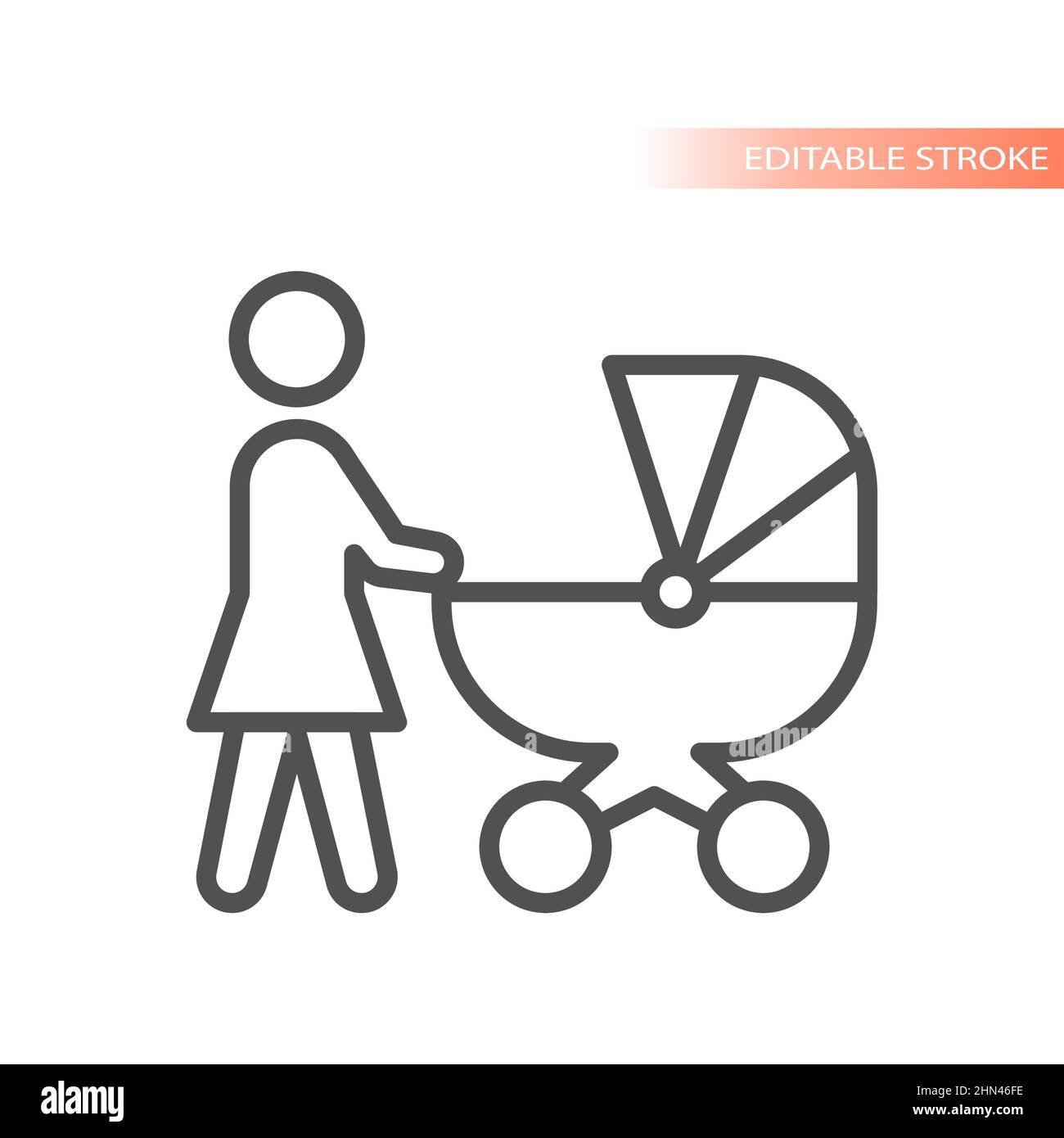 Mère poussant bébé poussette ou pram. Icône vectorielle entourée, contour modifiable. Illustration de Vecteur